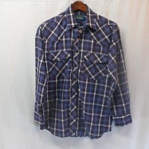 Salmon River Traders Medium Blue‎ Plaid L/S Pearl Snap Rockabilly Western Shirt